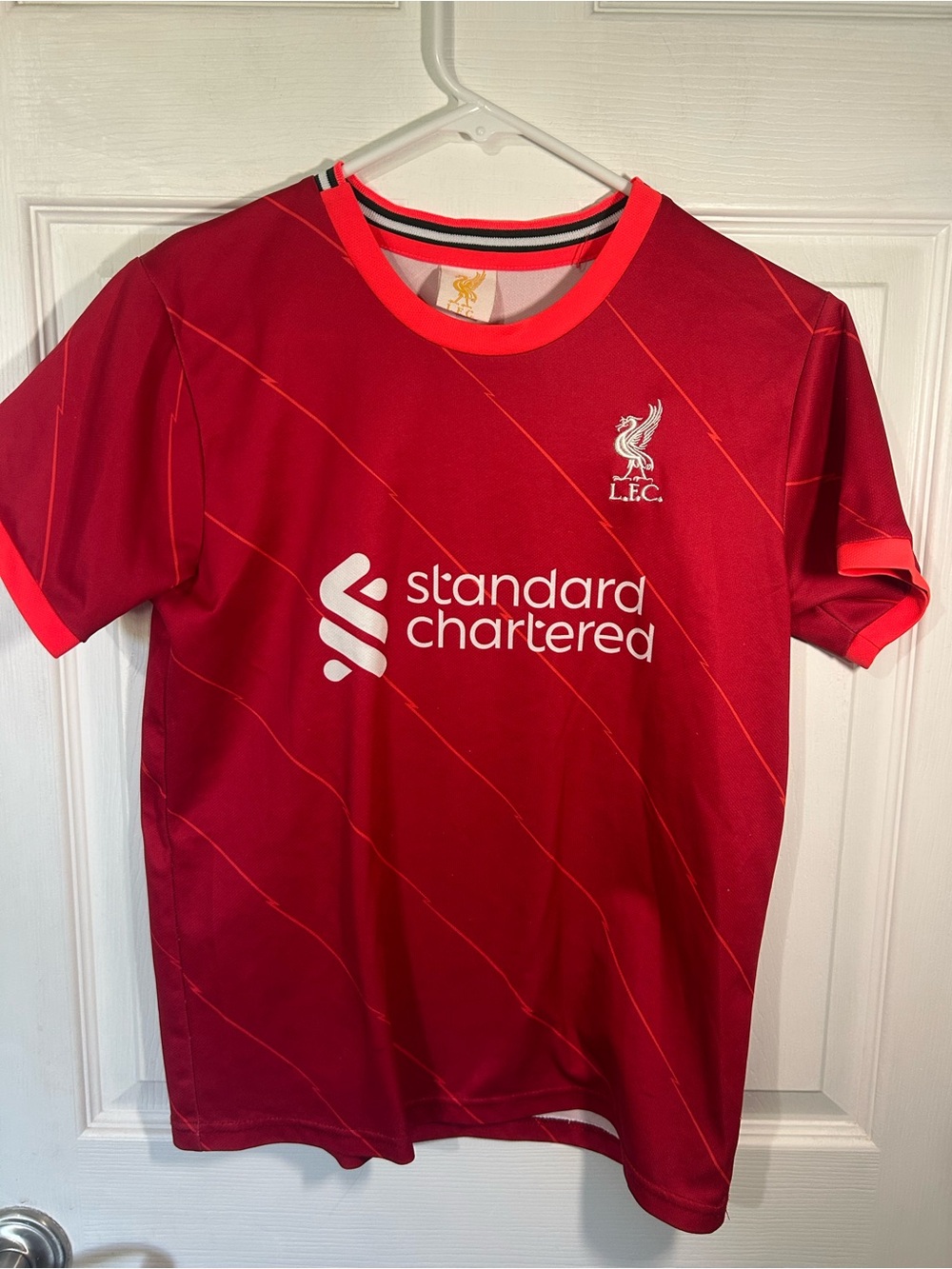 Liverpool FC Red Standard Chartered Soccer Jersey M. Salah #11 Size 28 Youth